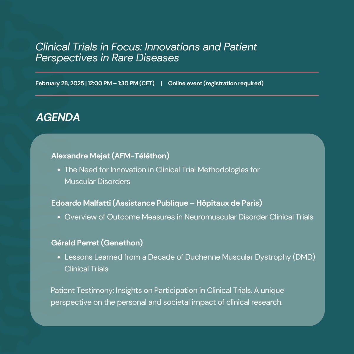 DreamsPjt_EU's tweet photo. Exciting news! Join us for the DREAMS Webinar on Innovation in Clinical Trials for Rare Diseases.
🗓️ Save the date: Feb 28, 2025
📍 Online event
🌐 Free Registration: https://t.co/oZAs9yDSbU
#RareDiseaseDay #RareDiseases #DREAMSProject #webinar https://t.co/QK6IPQFJnW