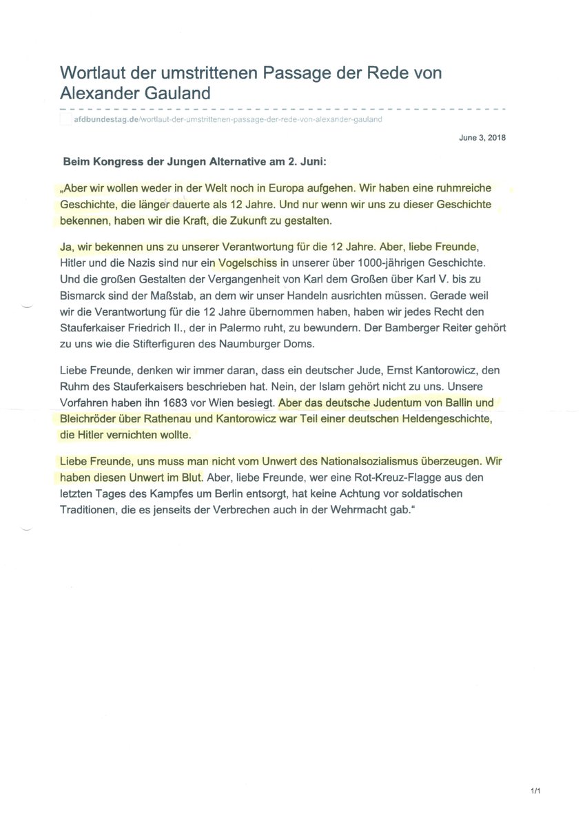 FBuecken's tweet photo. "Vogelschiss"
Angesichts unvollständiger Zitate in den letzten Tagen: Bitte richtig zitieren! Gauland hat sich am 3. Juni 2018 richtigerweise zu "unserer Verantwortung für die 12 Jahre bekannt". Und: "Liebe Freunde, uns muss man nicht vom Unwert des Nationalsozialismus überzeugen. Wir haben diesen Unwert im Blut." Nationalsozialismus darf niemals wiederkommen, in welcher Form auch immer! Darüber sind wir uns (abgesehen von ganz wenigen Ausnahmen) in der AfD einig.
#AfD #Vogelschiss
