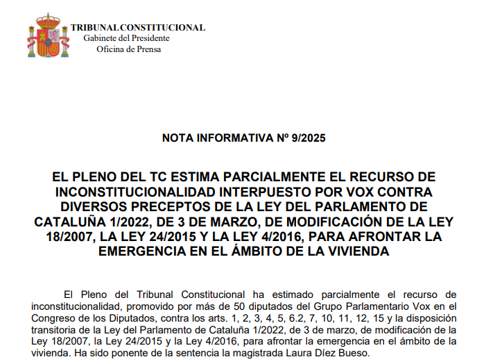 Nota de prensa | El Pleno del TC estima parcialmente el recurso de inconstitucionalidad interpuesto por Vox contra diversos preceptos de la Ley del Parlamento de Cataluña 1/2022 para afrontar la emergencia en el ámbito de la vivienda tribunalconstitucional.es/NotasDePrensaD…