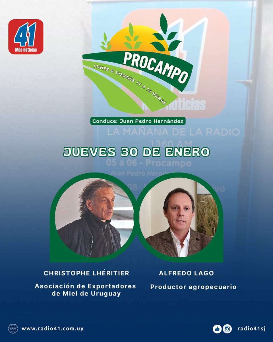 Hoy en #Procampo hablamos con <a href="/FreddyLago/">Alfredo Lago</a> sobre el fenómeno de Conexión Ganadera, los fondos de inversión ganaderos y su impacto; en tanto que con <a href="/UrimpexSa/">Christophe Lhéritier</a> analizaremos las perspectivas para el sector apícola y las mieles uruguayas en este nuevo año.