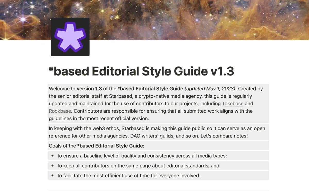 One of the best Editorial Style Guides i've seen in crypto. 

👉 starbased.notion.site/based-Editoria… 👈

Credit: <a href="/EthLabor/">Danica Swanson</a> 👏

💡Tip: Remix this for your project, customize as you see fit. Then add this to your LLM as custom instructions for your socials / articles etc.