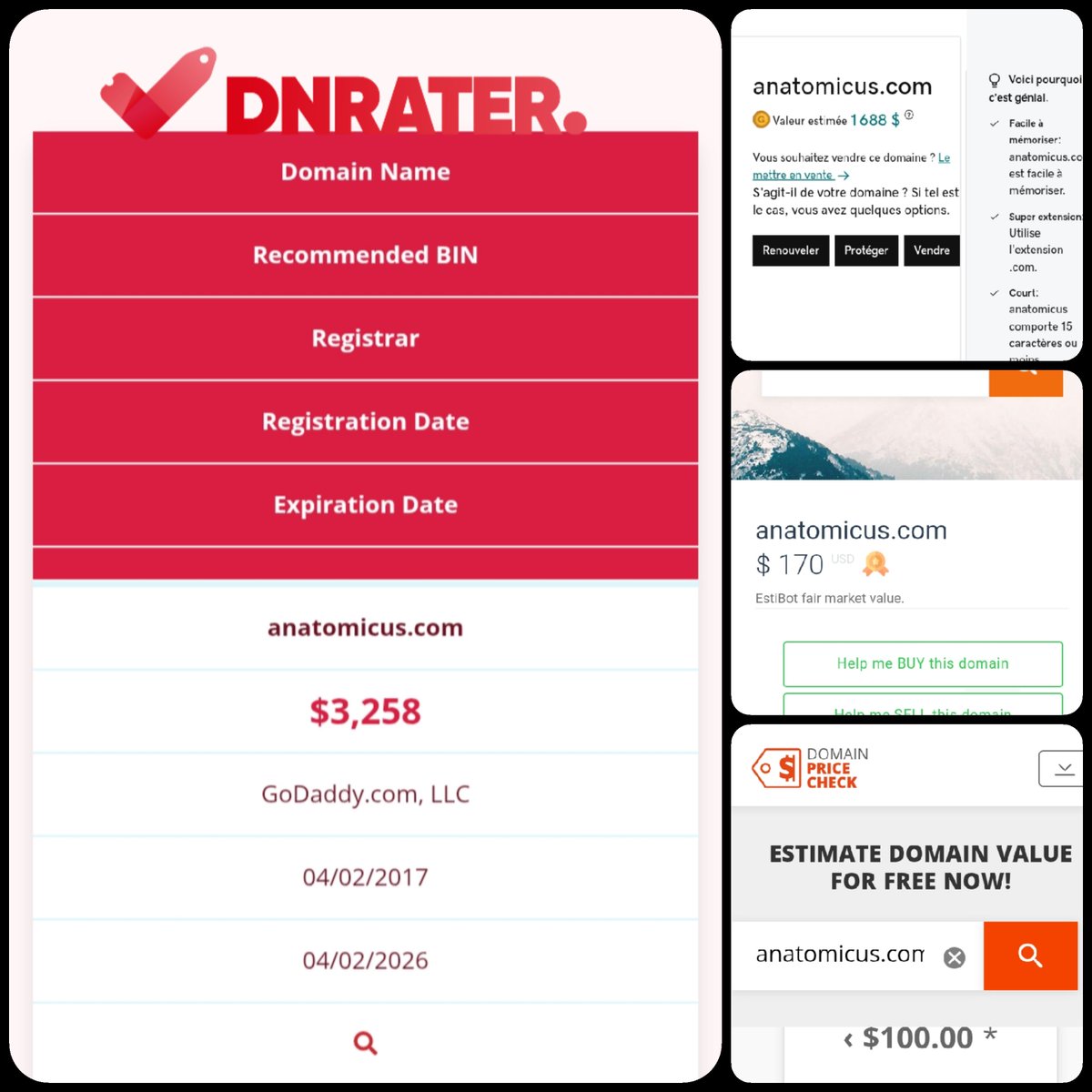 🌐 Anatomicus .com

💰 Sold Price : $3,777

✔ @DNRater Recommended BIN : $3,258
✔ Godaddy Estimation : $1,688
✔ Estibot Valuation : $170
✔ InternetX Appraisal : &lt;$100

📌 Venue : <a href="/afternic/">Afternic</a>
 📆 2025-01-28