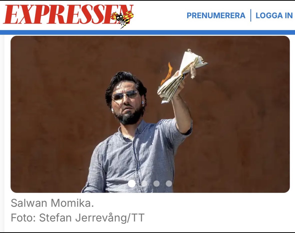 Man kan tycka vad man vill om Salwan Momika och hans koranbränningar, men att elda upp en bok man själv äger ska naturligtvis vara tillåtet. Man ska inte åtalas för det och man ska definitivt inte mördas för det. Men där är vi nu. Muslimer hotar och Sverige ger efter.

Att