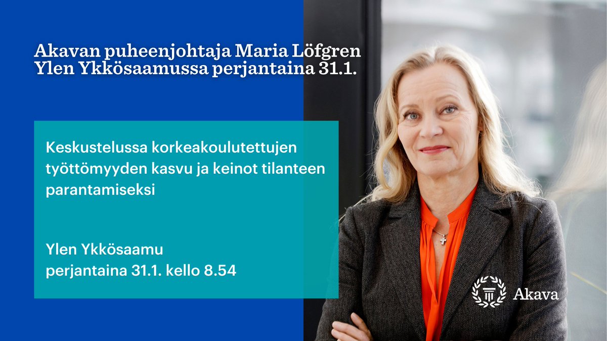 Puheenjohtajamme <a href="/marialofg/">Maria Löfgren</a> on <a href="/yleuutiset/">Yle Uutiset</a> Ykkösaamussa huomenna kello 8.54. Keskustelun aiheena on korkeakoulutettujen työttömyyden kasvu ja keinot tilanteen parantamiseksi.

Seuraa lähetystä 📡 areena.yle.fi/1-2227354?utm_…