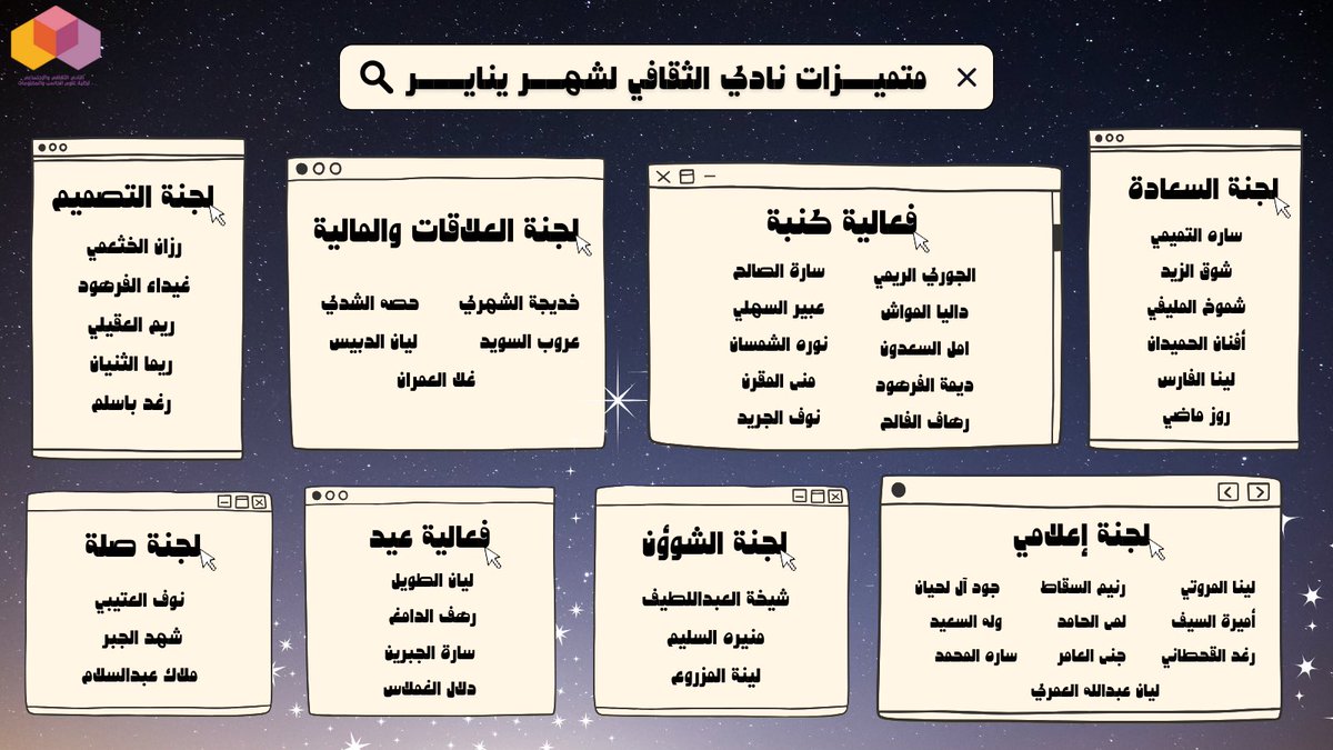 "فما كُلُّ نجمٍ يعتلي نحوَ رفعةٍ
ولكن بعزمٍ صُغْتم به الثُّريَّا"

احتفاءً بكل من التمس روح التميز والإبداع، وجعل من الاجتهاد سُلَّمًا إلى المجد
نشارككم نجومًا سطعت في سماء ثقافينا⭐️