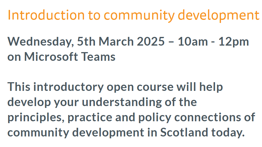 Booking now open! 

Delivered by our experienced team of trainers, you'll explore how community development is a key part of Scotland's public policy landscape, underpinned by the fundamental principles of participation, equality and social justice.

scdc.org.uk/what/introduct…