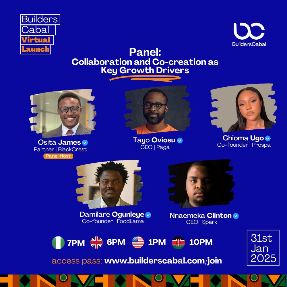 Join us tomorrow at this incredible panel with the amazing - <a href="/oviosu/">Tayo Oviosu</a> , @bd_bunday , <a href="/clintonofspark/">Nnaemeka Clinton (Mr. Spark)</a> , Chioma and <a href="/ositajamesuche/">The Profitable Lawyer</a> 

Exclusive Pass 👉 builderscabal.com/join