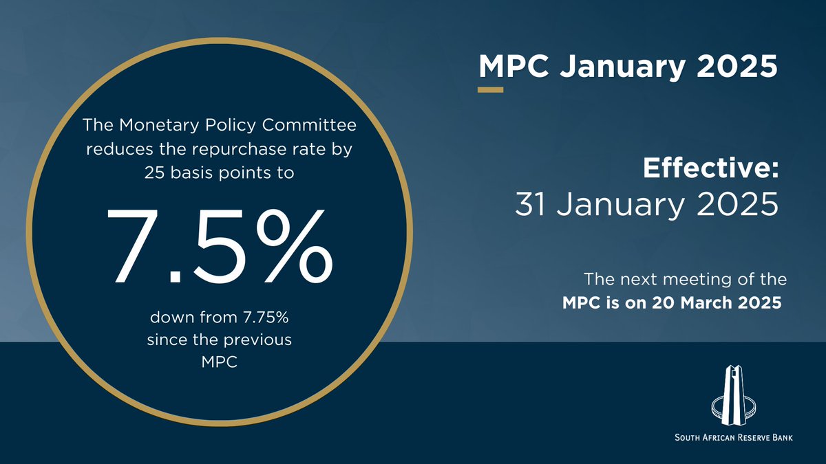 The Monetary Policy Committee reduces the repurchase rate by 25 basis points. #SARBMPCJAN25 #InterestRates
