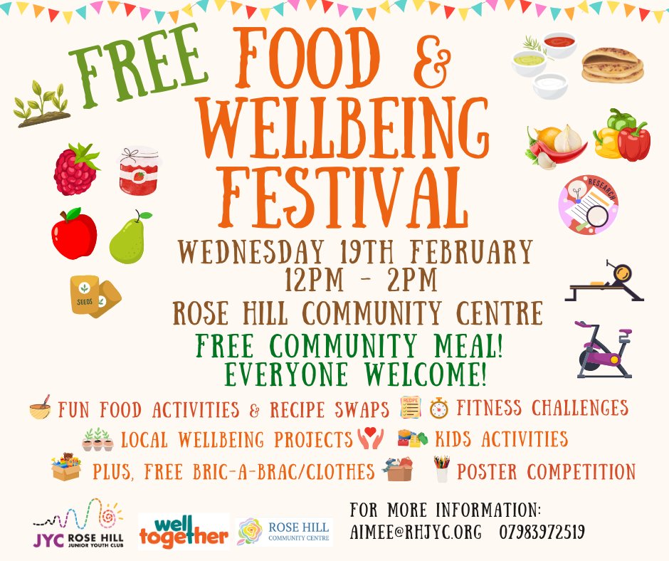 Rose Hill Food &amp; Wellbeing Festival - Weds 19th Feb (half-term). 12pm-2pm at #RoseHill Community Centre! Free fun for all, including:
Food activities &amp; recipe swaps, wellbeing projects/stalls, poster competition, fitness challenges, free bric-a-brac, clothes &amp; a hot meal!  (1/2).