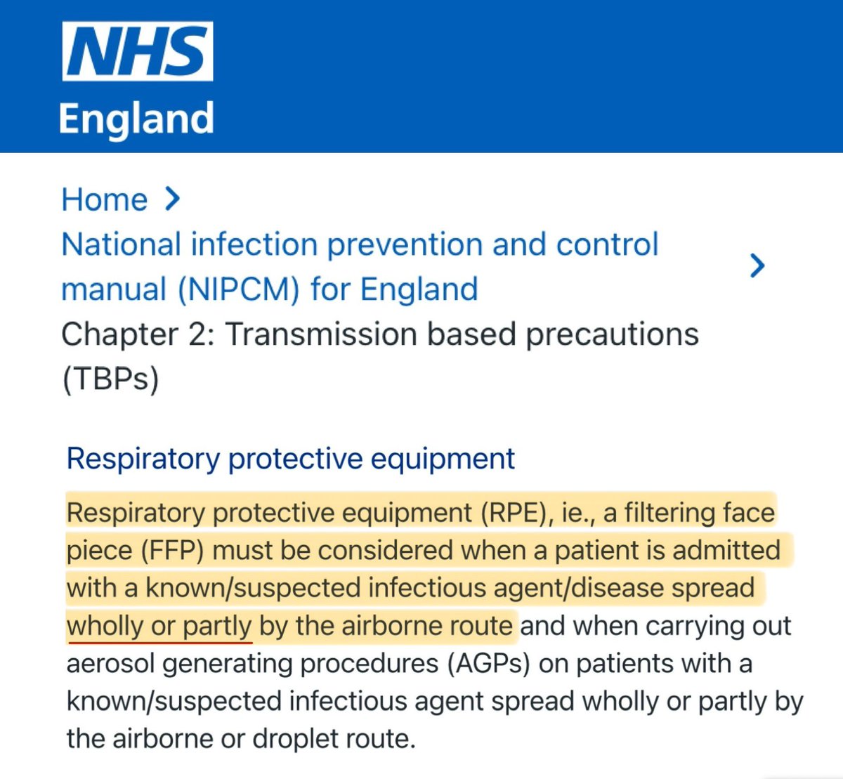 Let’s just zoom in on that…

The key words are “WHOLLY or PARTLY”.

If a virus is known to be even PARTLY spread via the airborne route, then airborne infection control measures like FFP masks MUST be considered.

The word ‘PREDOMINANTLY’ doesn’t even feature.

/11
