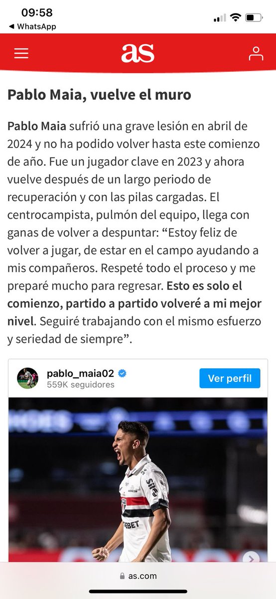 Após GRANDE retorno ao time do São Paulo, <a href="/Pablo_Maia02/">Pablo Maia</a> é destaque no jornal AS da Espanha.

Link da matéria: as.com/futbol/interna…