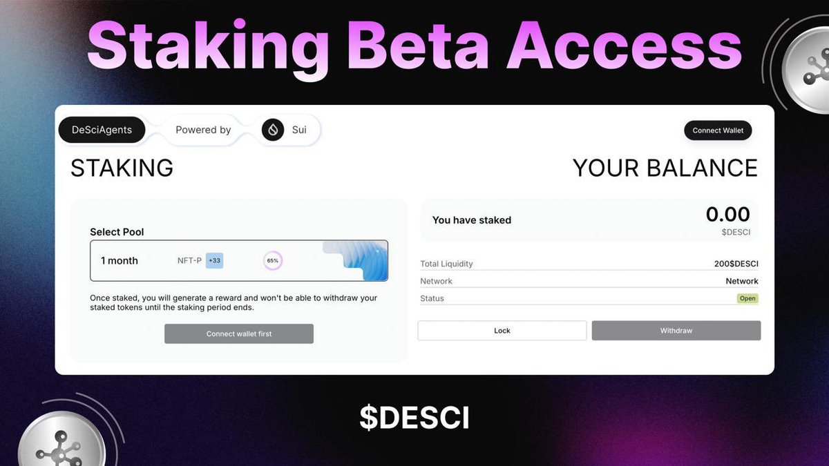 Big news! The SUI $DESCI Agents staking beta is now live: staking.desciagents.ai/staking/

⏳ Mainnet staking launches in just 1 week — be among the first to join the future of #DeSci and #AI-powered wellness!