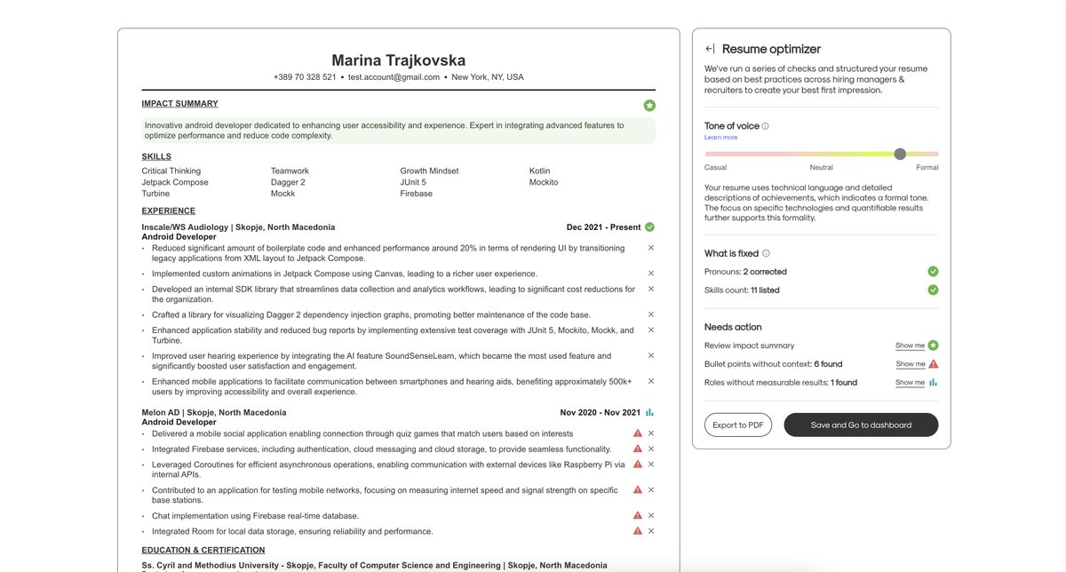 As a Bubbler I am really proud of our resume auto-optimizer.

It analyzes your resume using AI, finds faults, auto-corrects, and helps you refine it for better results. All built on <a href="/bubble/">Bubble</a> 👀

This is our latest feature, so if you find any bugs be gentle in my DMs 🙈