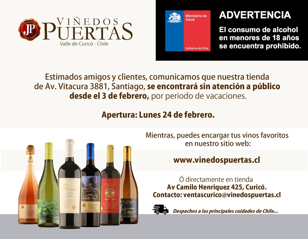 Estimados amigos y clientes, comunicamos que nuestra tienda de Av. Vitacura 3881, Santiago, se encontrará sin atención a público 
desde el 3 de febrero, por periodo de vacaciones.

Apertura: Lunes 24 de febrero.

Mientras, puedes encargar tus vinos favoritos en nuestro sitio web: