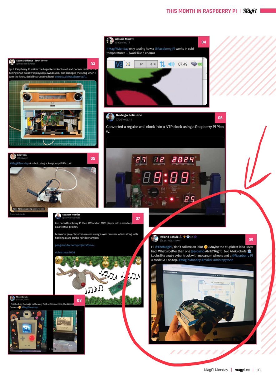 r_schulz_maker's tweet image. 🥳#MagPiMonday did it again. I'm celebrating the 150th issue of @TheMagPi magazine today. I am part of this amazing anniversary. My idea of a @Raspberry_Pi powered @arduino #alvik cybertruck wasn't the worst idea I've ever had. #micropython #maker #robotics 
#programming