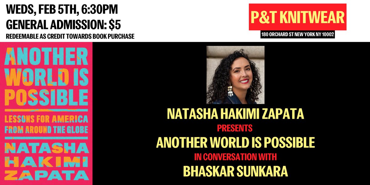 thenewpress's tweet image. NYC friends: Join @ptknitwear on Wednesday, 2/5, for a discussion about ANOTHER WORLD IS POSSIBLE and the lessons America can learn from other countries from around the world w/ author @natashakimiz in conversation w/ @thenation's @sunraysunray ow.ly/chmw50UQhFi