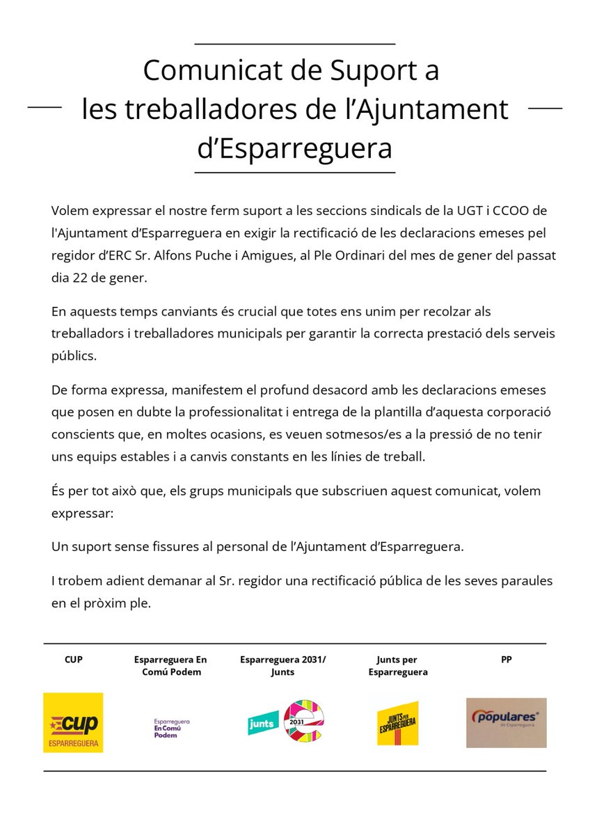 Els grups municipals de l'oposicio #Esparreguera publiquem un comunicat unitari on exigim la rectificació pública del regidor Alfons Puche per les seves declaracions al Ple on es posava en entredit la professionalitat del personal municipal. #SuportTreballadors #RectificacióJa