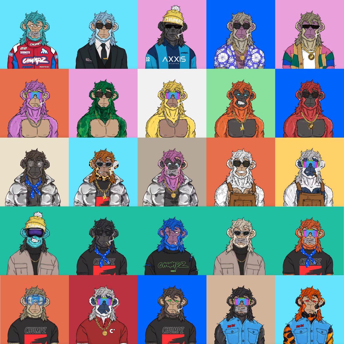 Side Project (@osideproject) on Twitter photo Days 25.
25 Mullets.
This image contains one of every single colour mullet in the <a href="/chumpzonape/">ChumpzOnApe</a> collection.
Hands down, the coolest mullets on the blockchain.
My pride and joy. Days 25.
25 Mullets.
This image contains one of every single colour mullet in the <a href="/chumpzonape/">ChumpzOnApe</a> collection.
Hands down, the coolest mullets on the blockchain.
My pride and joy.