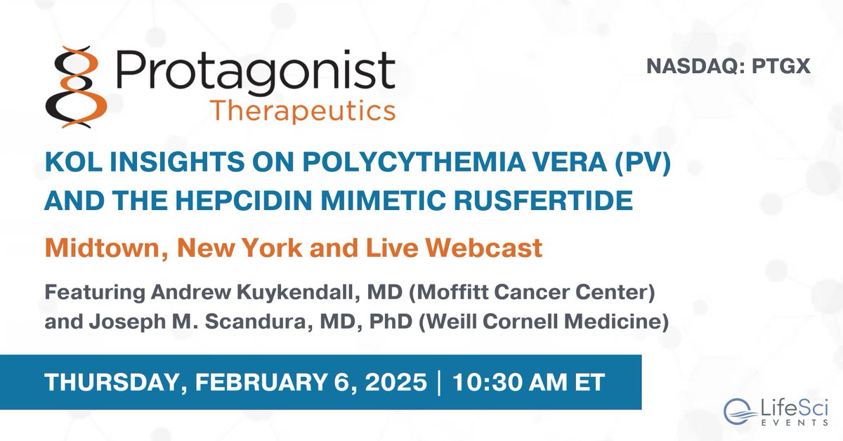 Protagonist Therapeutics (@protagonisttx) on Twitter photo On Feb. 6 at 10:30am ET, KOLs Andrew <a href="/KuykendallMd/">Andrew Kuykendall MD</a>
and Joseph Michael Scandura, MD, PhD, will discuss the unmet medical need and current treatment landscape for patients with polycythemia vera (PV).
Register for the in-person and virtual event here: bit.ly/40tSC47 On Feb. 6 at 10:30am ET, KOLs Andrew <a href="/KuykendallMd/">Andrew Kuykendall MD</a>
and Joseph Michael Scandura, MD, PhD, will discuss the unmet medical need and current treatment landscape for patients with polycythemia vera (PV).
Register for the in-person and virtual event here: bit.ly/40tSC47