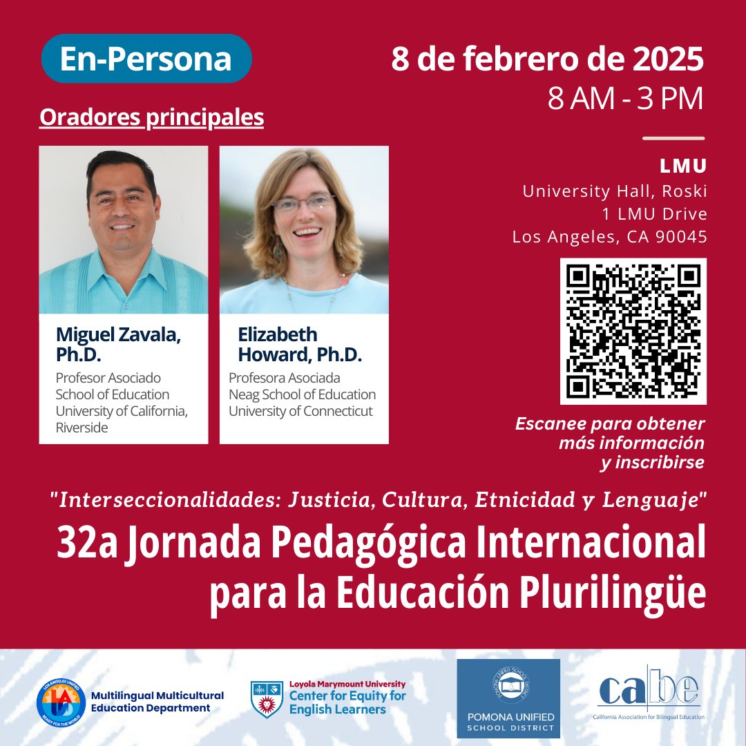 Join us for the 32nd Jornada Pedagógica Internacional para la Educación Plurilingüe - “Intersectionalities: Justice, Culture, Ethnicity and Language”  

Saturday, February 8, 2025 from 8 AM - 3 PM

Register here: soe.lmu.edu/centers/ceel/p…