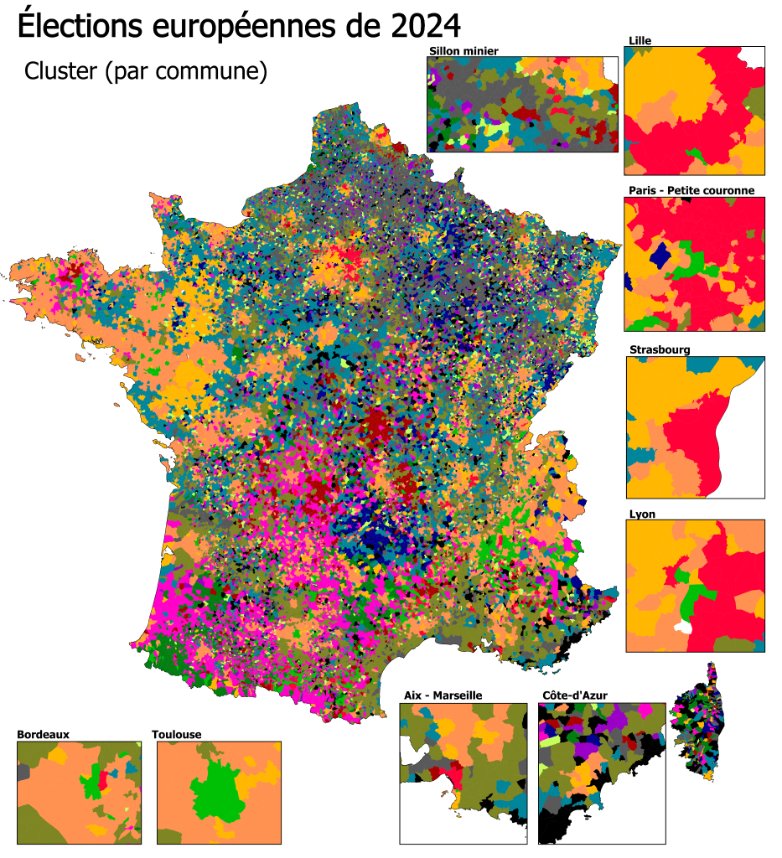 Aujourd'hui, le projet cartographique le plus ambitieux que j'ai pu faire : la clusterisation des résultats des européennes 2024. En gros, des groupes de communes rassemblées parce que leur vote se ressemble. Donc une typologie des territoires.

Les 14 Clusters détaillés ⬇️
