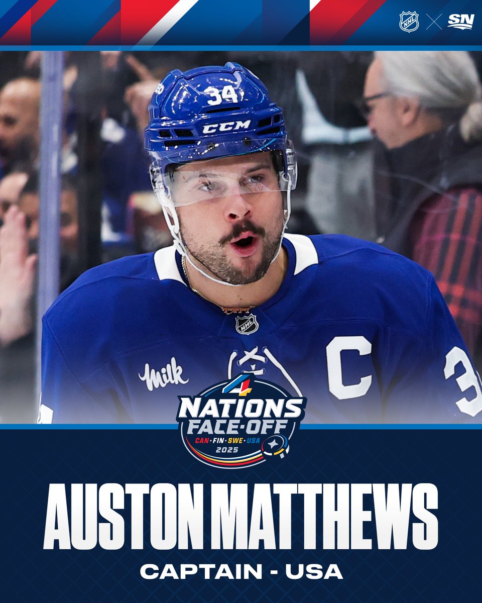 Captain America 🇺🇸

Auston Matthews has been named Captain for the USA at the #4Nations Face-Off!