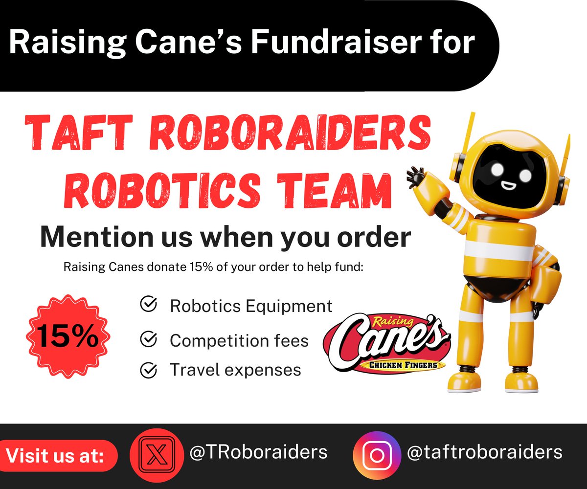 RAIDER PTSA (@ptsaraider) on Twitter photo Join us tonight (1/30) at RAISING CANE'S Alamo Ranch from 4-10 to support the RoboRaiders Robotics team. Mention us at check out & Cane's will donate 15%! <a href="/TRoboraiders/">Taft Roboraiders</a> <a href="/NISDTaft/">Taft HS</a> <a href="/taft_club/">Taft Raider Athletic Booster Club</a> <a href="/TaftRaider/">Taft Raider Football</a> <a href="/TaftRaider/">Taft Raider Football</a> <a href="/TaftGraphicDsgn/">Taft Graphic Design - JPaul</a> <a href="/NISD/">Northside ISD</a> <a href="/NISDComArts/">CommunicationsArtsHS</a> <a href="/nisdpta/">Northside Council of PTAs</a> <a href="/NISD_CTE/">NISD_CTE</a> Join us tonight (1/30) at RAISING CANE'S Alamo Ranch from 4-10 to support the RoboRaiders Robotics team. Mention us at check out & Cane's will donate 15%! <a href="/TRoboraiders/">Taft Roboraiders</a> <a href="/NISDTaft/">Taft HS</a> <a href="/taft_club/">Taft Raider Athletic Booster Club</a> <a href="/TaftRaider/">Taft Raider Football</a> <a href="/TaftRaider/">Taft Raider Football</a> <a href="/TaftGraphicDsgn/">Taft Graphic Design - JPaul</a> <a href="/NISD/">Northside ISD</a> <a href="/NISDComArts/">CommunicationsArtsHS</a> <a href="/nisdpta/">Northside Council of PTAs</a> <a href="/NISD_CTE/">NISD_CTE</a>