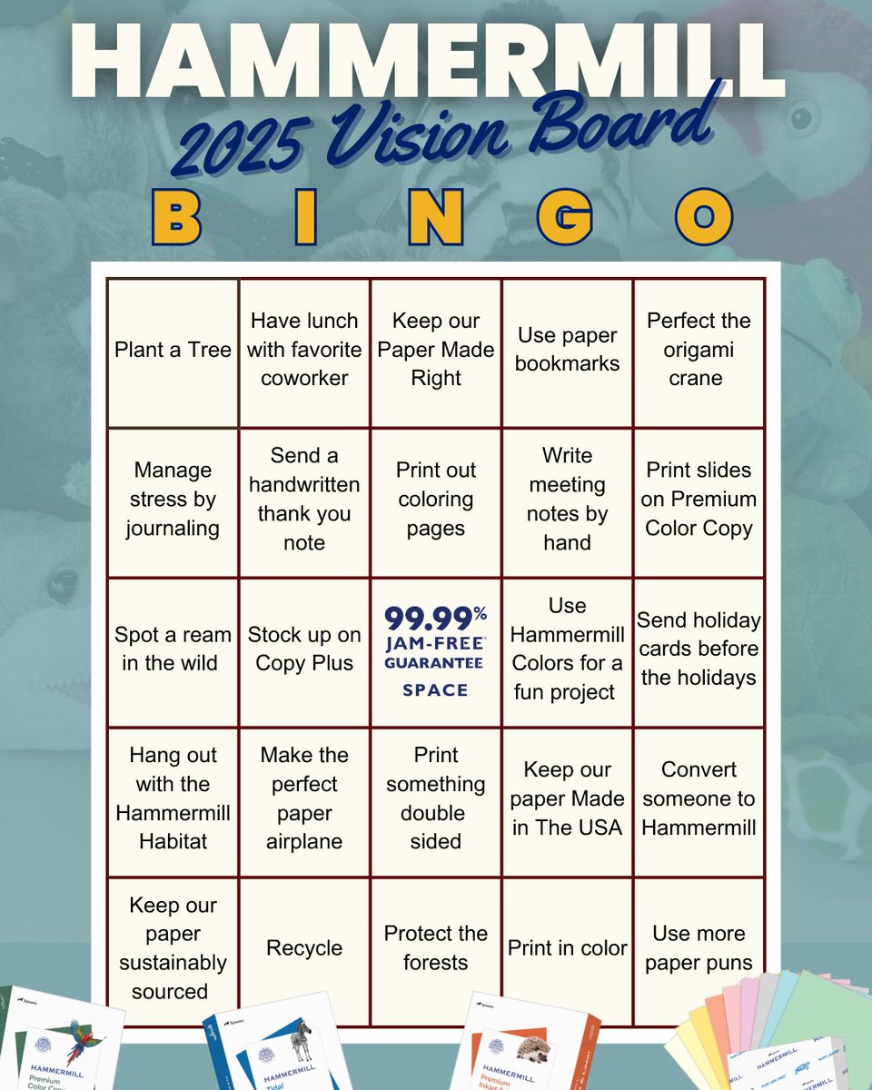Hammermill's tweet image. Here’s what's on our Vision Board Bingo Card for 2025! 🎉 This year, we’re all about sustainability, creativity, and #PaperMadeRight. Did you know you’re 42% more likely to achieve your goals when you write them down? ✍️ So, #PutItOnPaper and create your own! ✨ What’s on your
