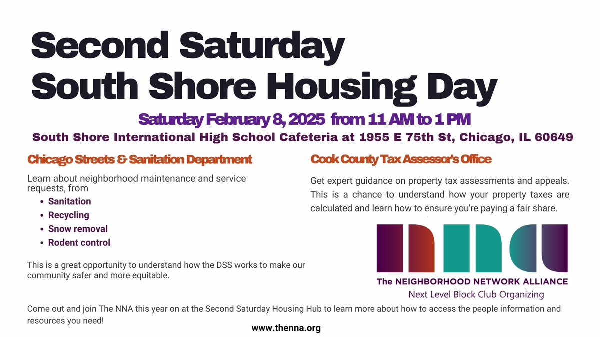 BlockPower100's tweet image. 📢 Join us for Second Saturday - South Shore Housing Day!

📅 Feb 8 | 11 AM - 1 PM
📍 South Shore Int’l HS Cafeteria

💡 Property tax appeals w/ Cook County Tax Assessor
🚛 City services &amp;amp; sanitation info

🎟️ Register now: bit.ly/nna2ndsat

#SouthShoreHousing