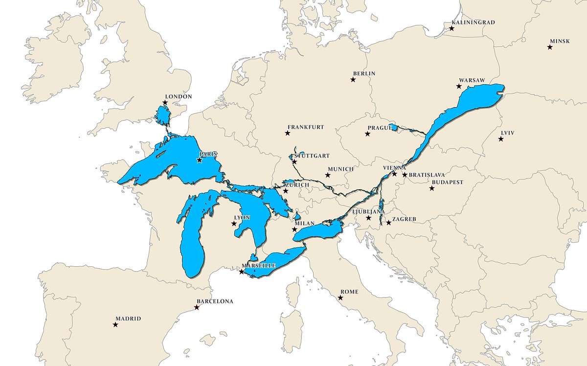 The Great Lakes and St. Lawrence River Overlaid on Europe