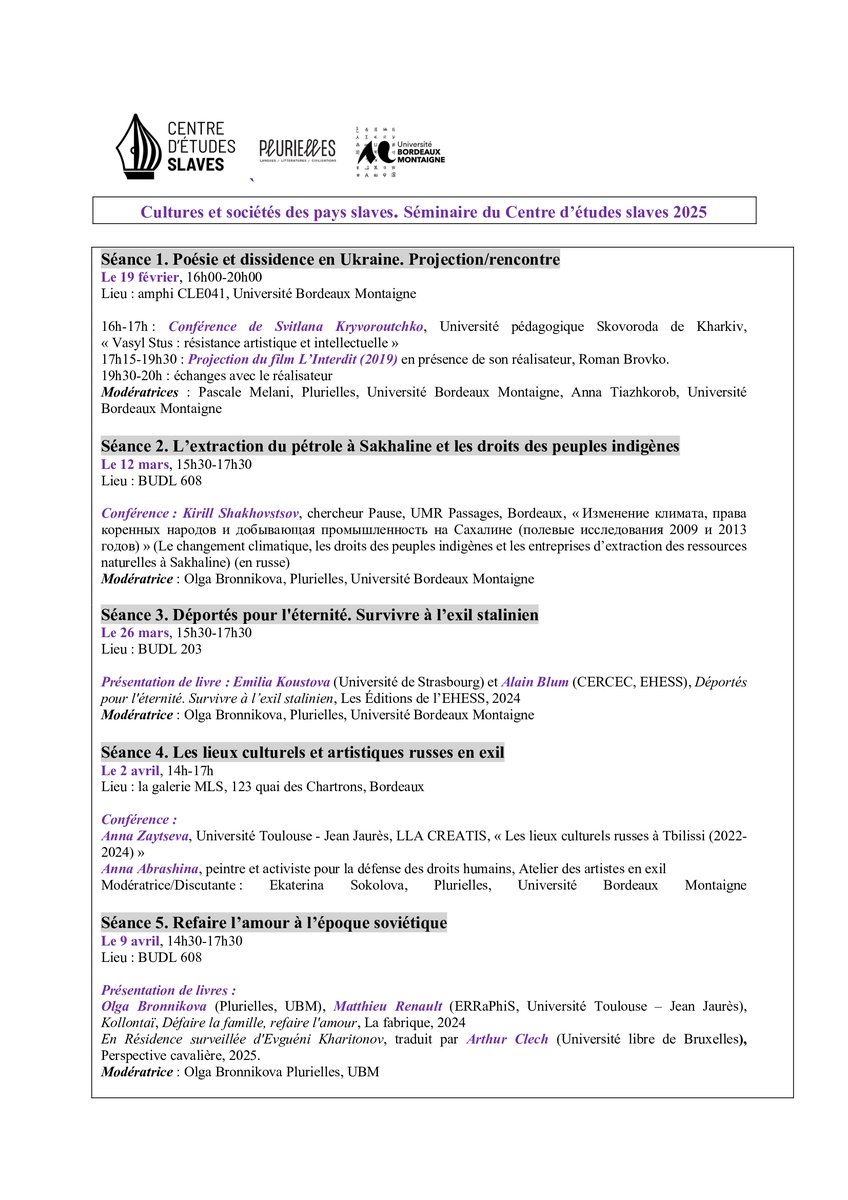 Beau programme pour le Centre d'études slaves de Bordeaux: poésie et dissidence, Sakhaline, Tbilissi, exil et amour... de février à avril.