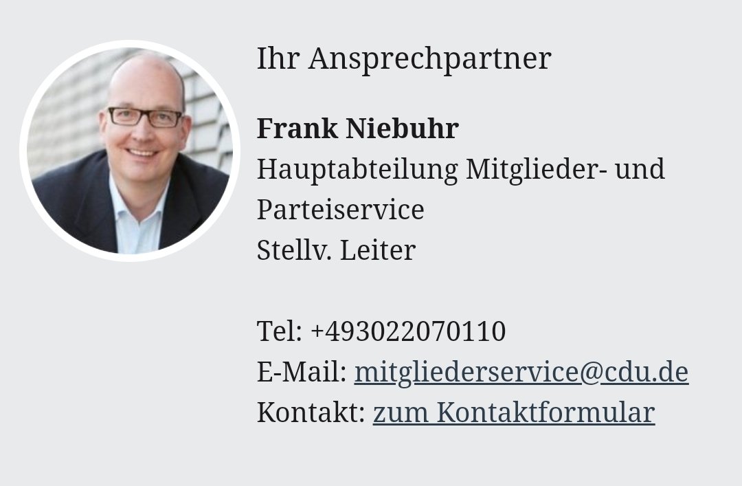 Ihr Ansprechpartner für die Kündigung der #CDU Mitgliedschaft ist übrigens Frank Niebuhr

#CDUistUnwaehlbar