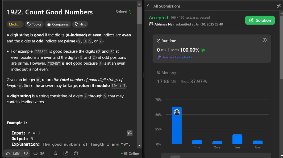 Abhinav_Nair13's tweet image. Day 97/100 of #LeetCodeChallenge!. Solved - 1922. Count Good Numbers. Just 3 days to gooo!!🥹