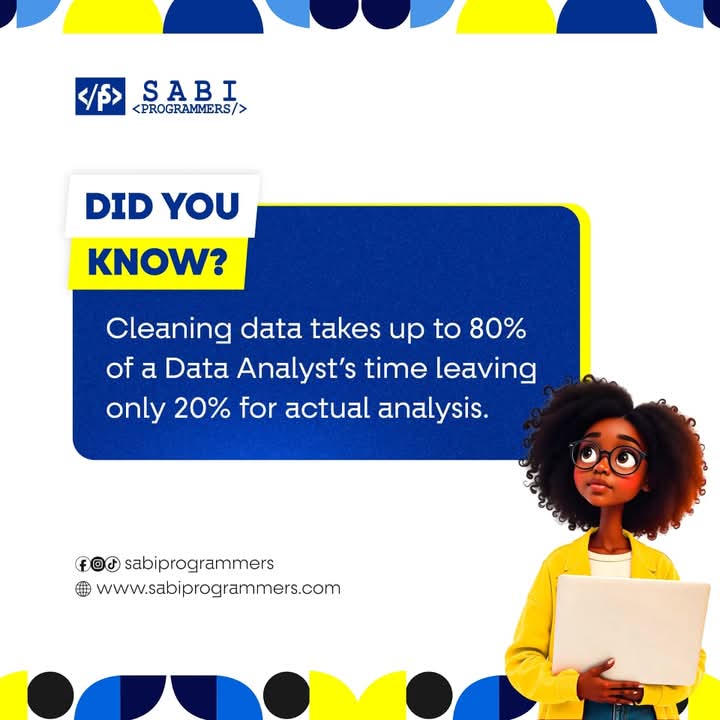 SabiProgrammers's tweet image. Did you know?

Cleaning data takes up to 80% of a data analyst&apos;s time leaving only 20% for actual analysis.

Register with @SabiProgrammers to be an expert in data analytics 💯
Contact us on this number +234 903 826 3154

#sabiprogrammers
#learnatechskill
#akure
#techschool