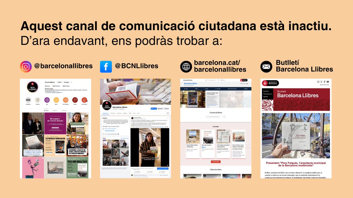 ⚠️ Aquest canal de comunicació ciutadana està inactiu.

D’ara endavant, podràs trobar tota la informació sobre Barcelona Llibres a:

🟣 Instagram: instagram.com/barcelonallibr…
🔵 Facebook: facebook.com/BCNLlibres/
🌐 Web: barcelona.cat/barcelonallibr…
✉️ Butlletí: comunica.barcelona.cat/form/barcelona…