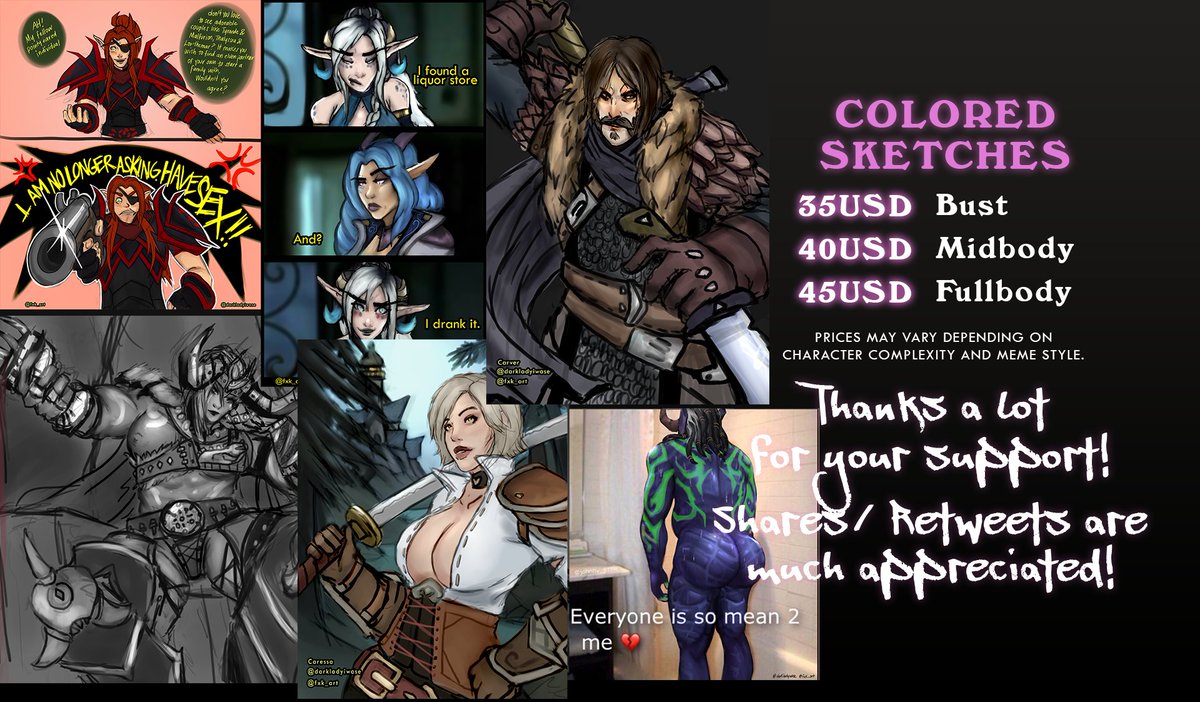 🦊OPEN FEBRUARY SLOTS 🐈‍⬛
D&amp;D/WoW/FFXIV/Warframe/WH/OCs/Baldur'sGate 3/GW/SL/Tavs    

✧Can draw worgen, vulpera, dracs, tauren, gobbos and pandas✧   

✧SFW/Design/Ref Sheets/Comic pages ✧     

✧DM me here/add me on discord: yorioki✧      

Rt's highly appreciated🙏