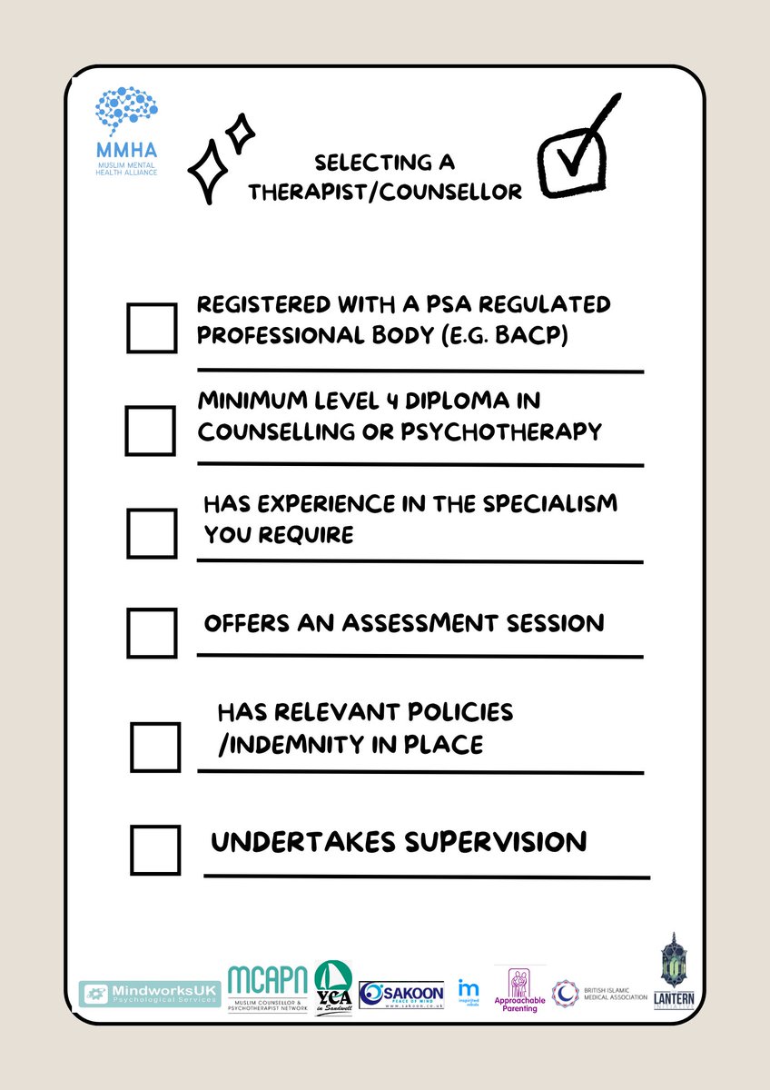 🇱🇾🇬🇧Dr. Jamilla د.جميلة (@jamillatweets) on Twitter photo We at the Muslim Mental Health Alliance have created a guide for selecting a good therapist/counsellor. 👇🏼 <a href="/MCAPN_CO_UK/">MuslimCounsellorNtwk</a> <a href="/lantern_uk/">The Lantern Initiative</a> <a href="/MindworksU/">MindworksUK Registered Charity No: 1192998</a> <a href="/InspiritedMinds/">Inspirited Minds</a> <a href="/5PillarsParent/">Approachable Parenting</a> <a href="/sakoonteam/">Sakoon Counselling and Psychotherapy</a> <a href="/BritishIMA/">British Islamic Medical Association</a> We at the Muslim Mental Health Alliance have created a guide for selecting a good therapist/counsellor. 👇🏼 <a href="/MCAPN_CO_UK/">MuslimCounsellorNtwk</a> <a href="/lantern_uk/">The Lantern Initiative</a> <a href="/MindworksU/">MindworksUK Registered Charity No: 1192998</a> <a href="/InspiritedMinds/">Inspirited Minds</a> <a href="/5PillarsParent/">Approachable Parenting</a> <a href="/sakoonteam/">Sakoon Counselling and Psychotherapy</a> <a href="/BritishIMA/">British Islamic Medical Association</a>