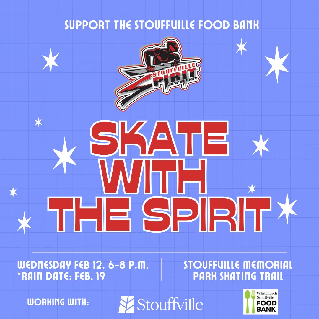 OJHLOfficial's tweet photo. OJHL Team and Community Event presented by the Stouffville Spirit; Skate with Spirit Feb 12 2025 , supporting the local food bank. For more information visit the Spirit website at: https://t.co/vu9DPWFswK #CommunityEvent #SkateWithSpirit #LocalFoodBank #HockeyForACause https://t.co/uW0wJQyEvc