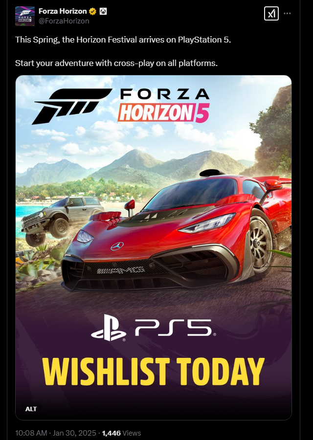 Wario64's tweet photo. Forza Horizon 5 announced for PlayStation 5, coming this Spring https://t.co/JLMXKHr4Bz