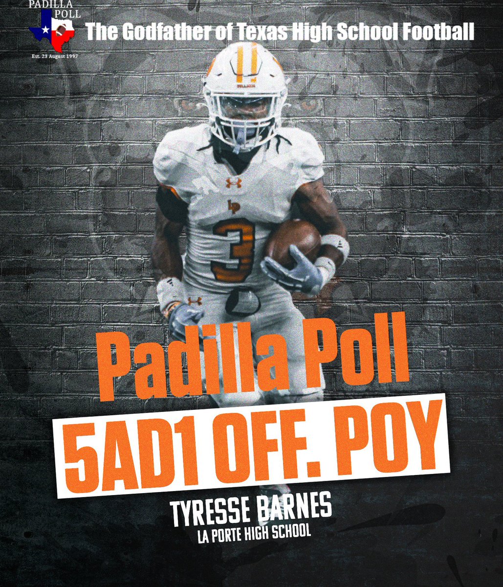 Congratulations to Tyresse Barnes on being named the 2024 Padilla Poll 5A Divison 1 Offensive Player of the Year!@padillapoll
