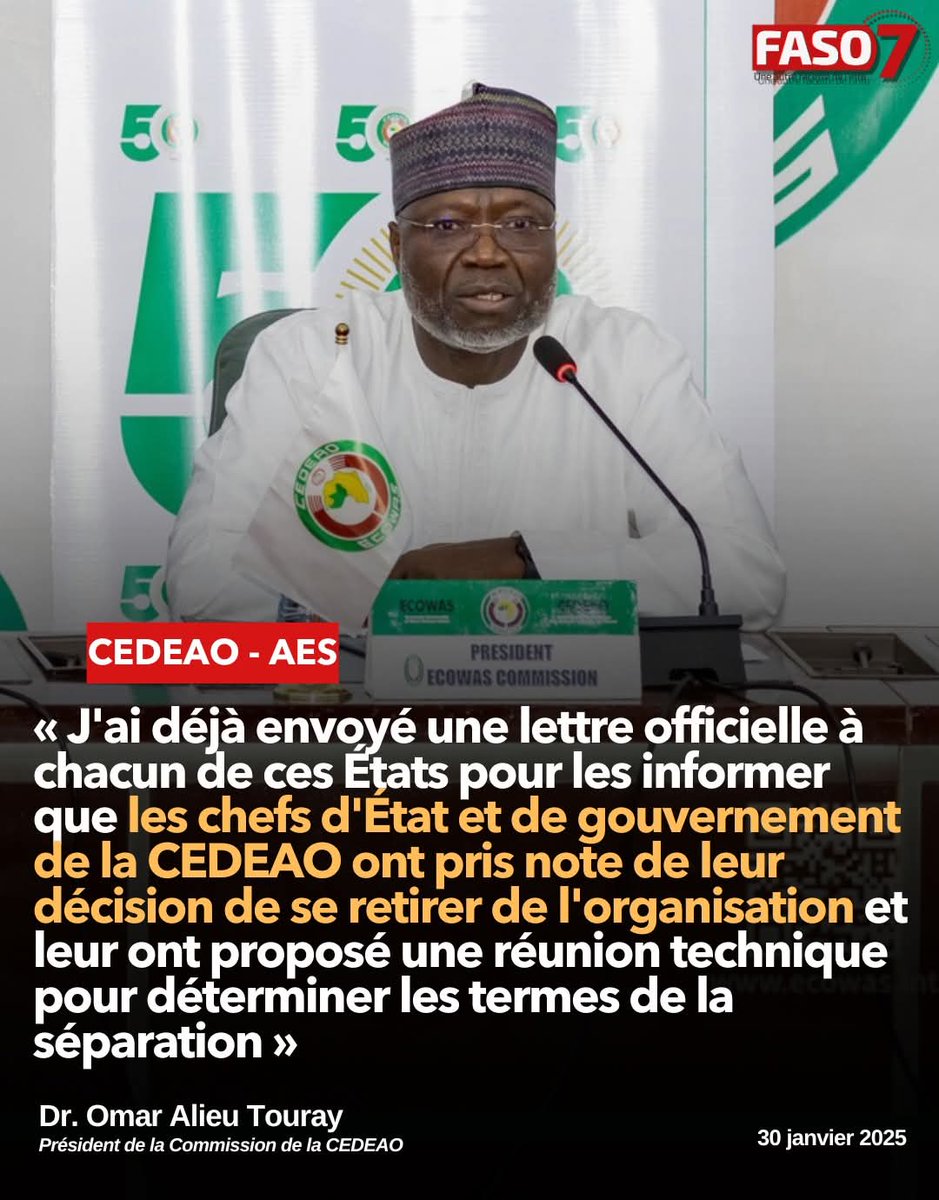 Faso7_BF's tweet photo. 🔴CEDEAO - AES : « Les chefs d'État et de gouvernement de la CEDEAO ont pris note de leur décision de se retirer de l'organisation » (Dr. Omar Alieu Touray, Président de la Commission de la CEDEAO)

https://t.co/zTzALDa1Dy #Faso7 https://t.co/LMtOx1cgKJ