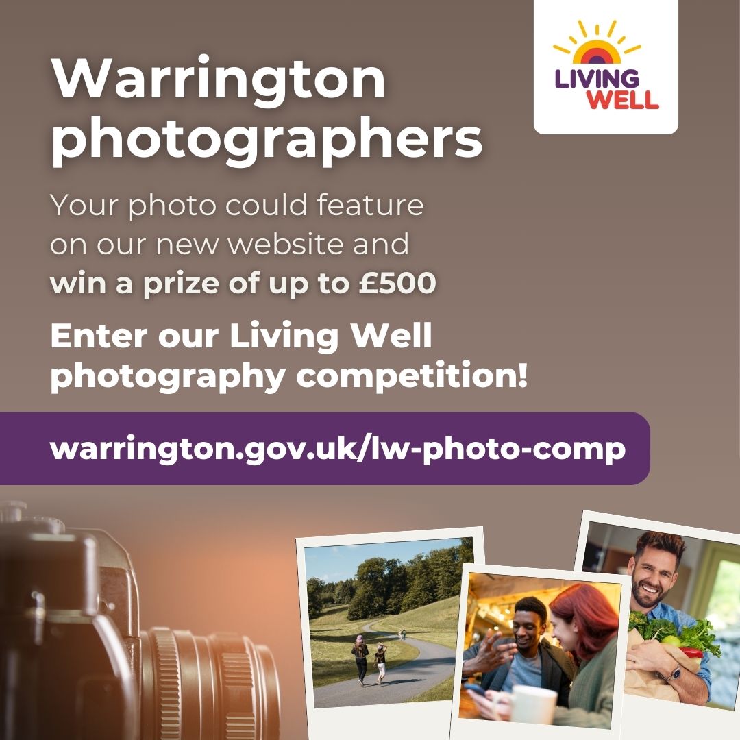 Living Well online photo competition 📸 

Win up to £500! Share photos that capture Warrington’s people, places, and community for a new health and wellbeing website launching in March 2025.

Enter here: ow.ly/38Jt50UQ5T0