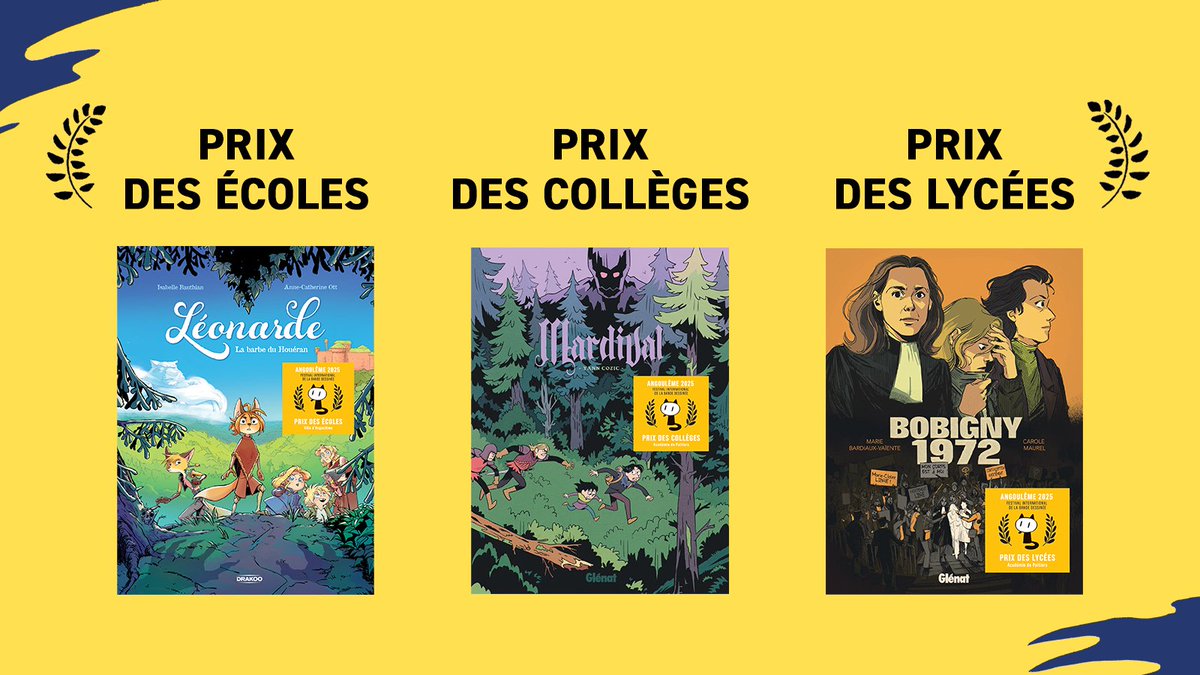 🎉 Félicitations aux lauréat·es des Prix des Écoles, Collèges et Lycées d’Angoulême 2025 ! 🎉

🏆PRIX DES ÉCOLES D'ANGOULÊME 2025
Léonarde T1 - La barbe du Houéran de Anne-Catherine Ott et Isabelle Bauthian, Éditions <a href="/DrakooEditions/">Drakoo</a> 

🏆 PRIX DES COLLÈGES 2025
Mardival de Yann