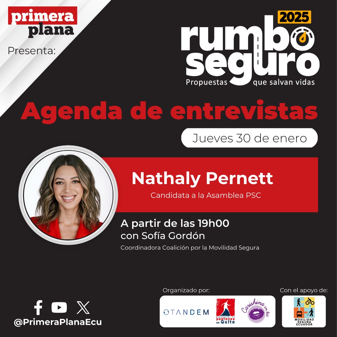 Hoy en "Rumbo Seguro 2025: propuestas que salvan vidas, dialogaremos con Nathaly Pernett <a href="/nathapernett/">Nathaly Pernett Vallejo.✨🇪🇨</a>, candidata a la Asamblea Nacional por el PSC.

Con la conducción de <a href="/SofyGordon/">Sofía Gordón</a>, Coordinadora de la Coalición por la Movilidad Segura, organizado por <a href="/TandemFundacion/">TANDEM</a>,