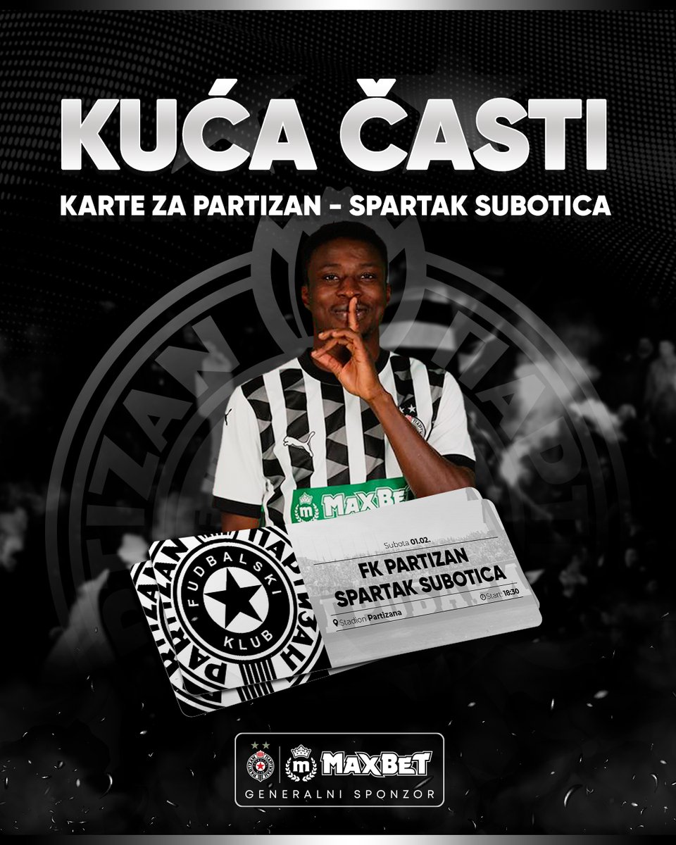 MaxBetSrbija's tweet photo. Kuća časti - bodri Partizan na početku drugog dela sezone! ⚫⚪

Crno-beli dočekuju Spartak iz Subotice na svom stadionu, a MaxBet kao generalni sponzor FK Partizan časti 40 karata za ovaj meč! 🎁

Sve što je potrebno da bi učestvovao u trci za 20x2 karte jeste da:

• Pratiš @MaxBetSrbija
• Retvituješ objavu
• Možeš učestvovati samo ako si punoletan

U subotu saznaj da li si osvojio karte. 🍀