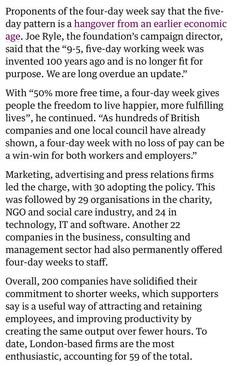 It’s obviously time for a four-day working week—tried and tested on, checks notes, a 200-firm sample that’s 30% marketing and NGO companies 👌