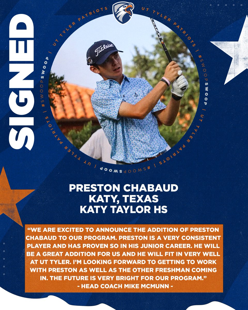 UT Tyler Patriots (@uttylerpatriots) on Twitter photo MGOLF | Joining <a href="/UTTylerMensGolf/">UT Tyler Men's Golf</a> next year as a key part of a talented freshman class is Preston Chabaud! Welcome to the Patriot family Preston!
#SwoopSwoop MGOLF | Joining <a href="/UTTylerMensGolf/">UT Tyler Men's Golf</a> next year as a key part of a talented freshman class is Preston Chabaud! Welcome to the Patriot family Preston!
#SwoopSwoop