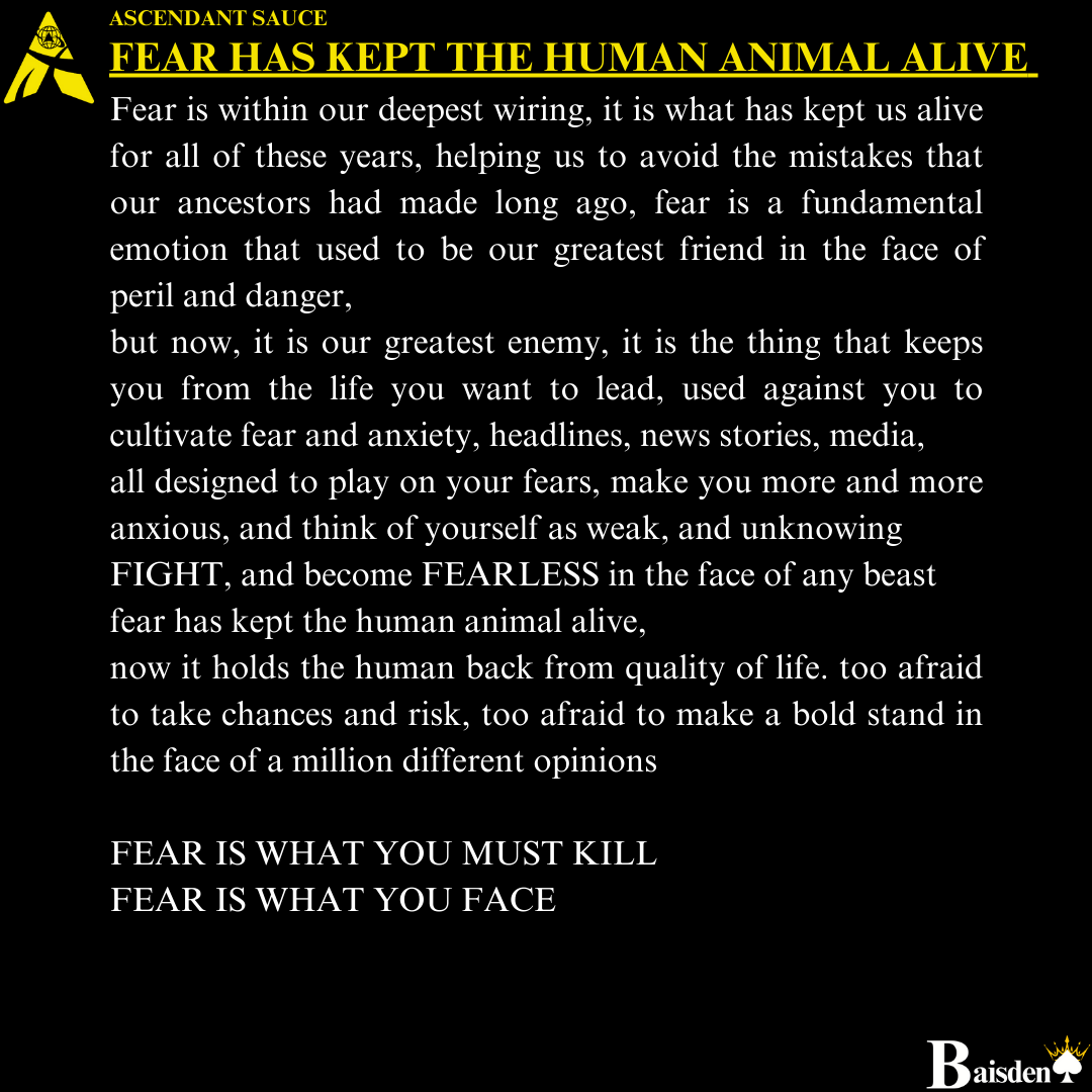 ASCENDANTLEGION's tweet photo. Fear has kept the human animal alive, but now it holds you back. 
FEAR IS WHAT YOU FACE https://t.co/mDZQ95m1A7
