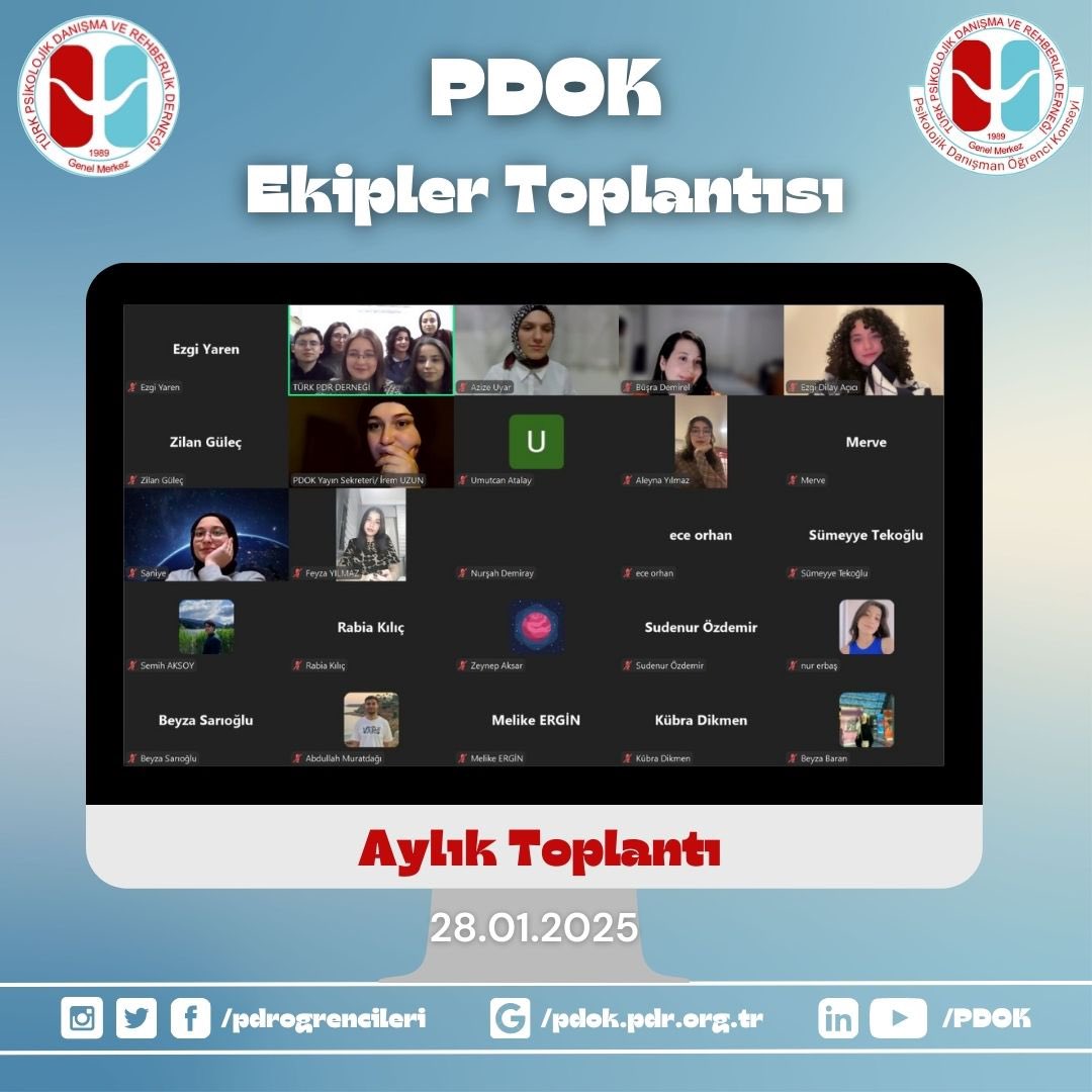 Merhaba PDOK Ailesi ☀️
28 Ocak tarihinde PDOK Temsil Heyeti olarak ekiplerimizle aylık toplantımızı gerçekleştirdik. 

<a href="/turkpdrdernegi/">Türk PDR Der- Psikolojik Danışma ve Rehberlik</a>
<a href="/pdrogrencileri/">PDOK</a>