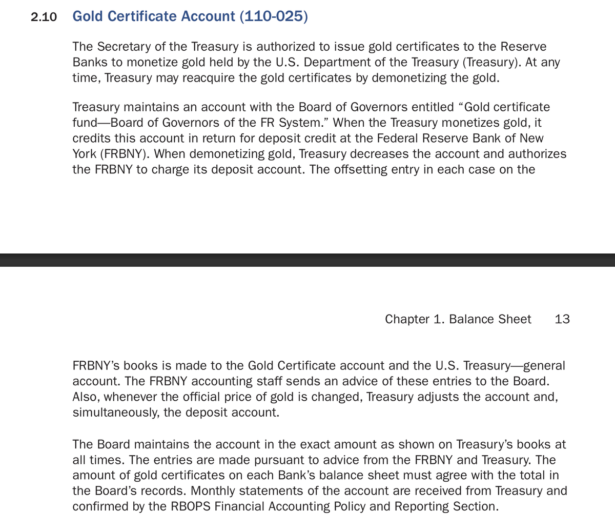 Financial Acctg Manual for Federal Reserve Banks, Section 2.10 👇 Treasury  instructing Fed to revalue gold higher results in Fed creating cash that is  deposited into the Treasury General Account. It is